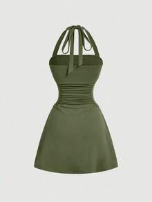 Vestido de línea A sencillo de unicolor para mujer con cintura fruncida y diseño de halter en forma de V - Verde - Ver 2