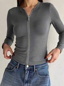 Chaqueta corta casual de verano de unicolor, de cuello redondo, de manga larga y con abertura frontal, ajustada para mujer - Gris - Ver 3