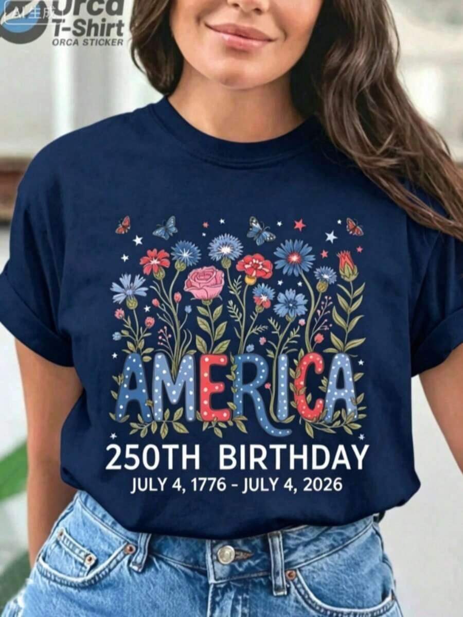 Graphic Tees USA 250th Anniversary Floral Design T-Shirt - Colorful Pattern Tee Featuring Blue, Red, And White Lettering Combined With Butterflies And Flowers - Comfortable Casual Crew Neck Tee, Plus Size - Ideal Gift For Independence Day, National Holidays, And Summer Gatherings - 100% Breathable Cotton For Summer - 藏蓝色 - 查看 1