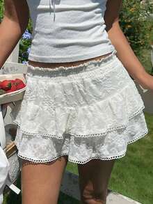Falda  para mujer, de tela tejida a rayas con cintura elástica y dobladillo con volantes, adecuada para festivales de música country - Blanco 3 - Ver 2