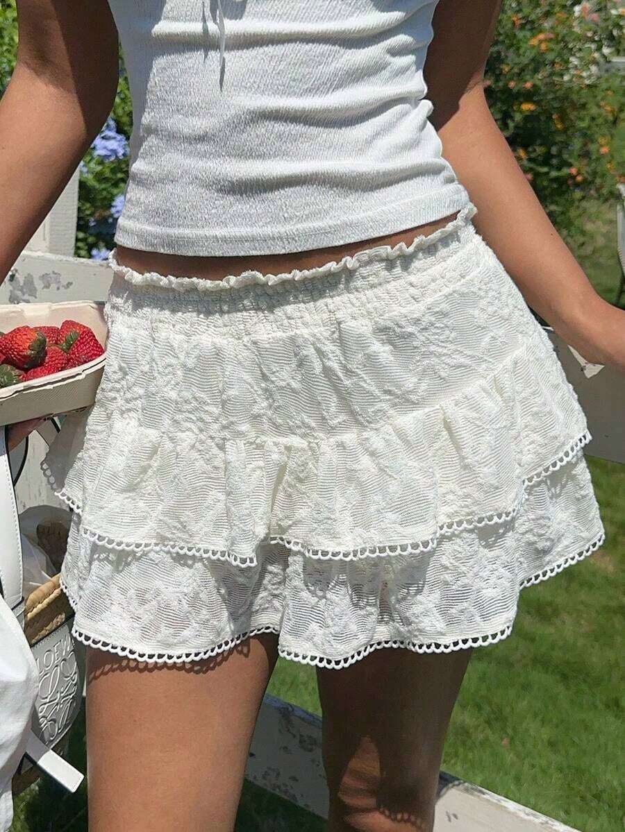 Falda pantalón para mujeres para conciertos campestres, blanca, de tejido, con cintura elástica y volantes en el bajo con silueta evasé - Blanco 3 - Ver 1