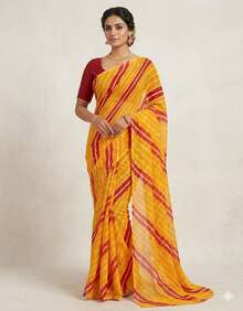 Estationeryhouse Printed Chiffon Saree With Double Stripes (No Blouse) - Yellow/Red - View 3
