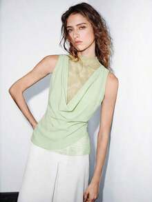 Camiseta sin mangas sexy con cuello drapeado de malla transparente, volantes y bajo asimétrico para mujer, nueva colección primavera/verano - Verde - Ver 4