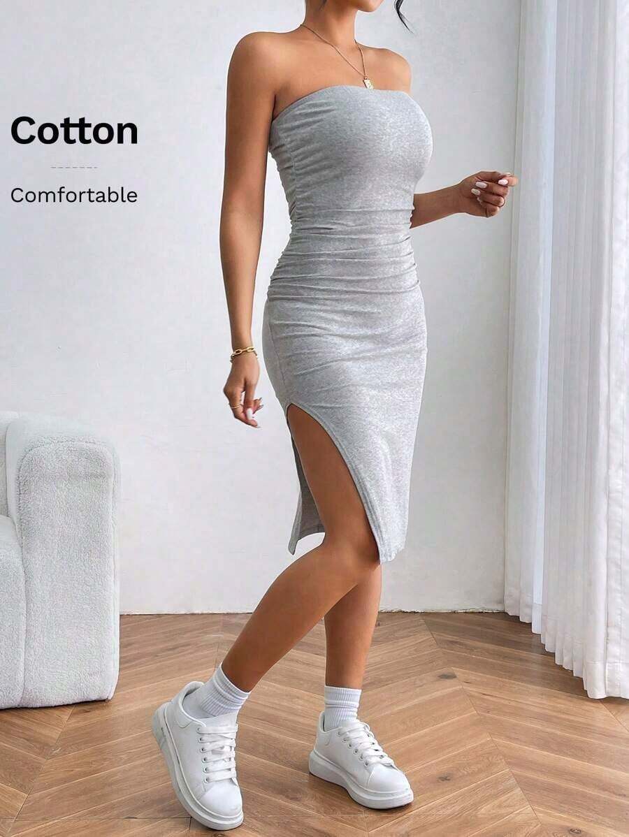 Vestido corto de verano ajustado tipo tubo con abertura lateral - Gris - Ver 1