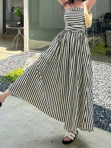 Ladies' Vacation Striped Printed Dress - Black - View 2