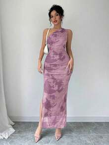 Vestido de noche de lujo para mujer, vestido sexy sin mangas con cuello asimétrico y estampado de teñido anudado - Púrpura malva - Ver 7