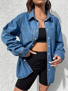 Camisa vaquera de manga larga con bolsillo parche y bajo curvo para mujer - Azul lavado medio - Ver 6