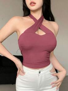 Designer Camiseta de tirantes ajustada de unicolor con cuello halter para mujer, top de verano para salir - Rojo violeta - Ver 2