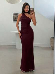 Vestido rojo sólido sin espalda con cuello halter, adecuado para citas, fiestas de Navidad y eventos de noche - Morado - Ver 7