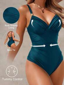 Traje de baño de una pieza con control de abdomen y acolchado, elegante y maduro, para mujer, color negro - Verde - Ver 1
