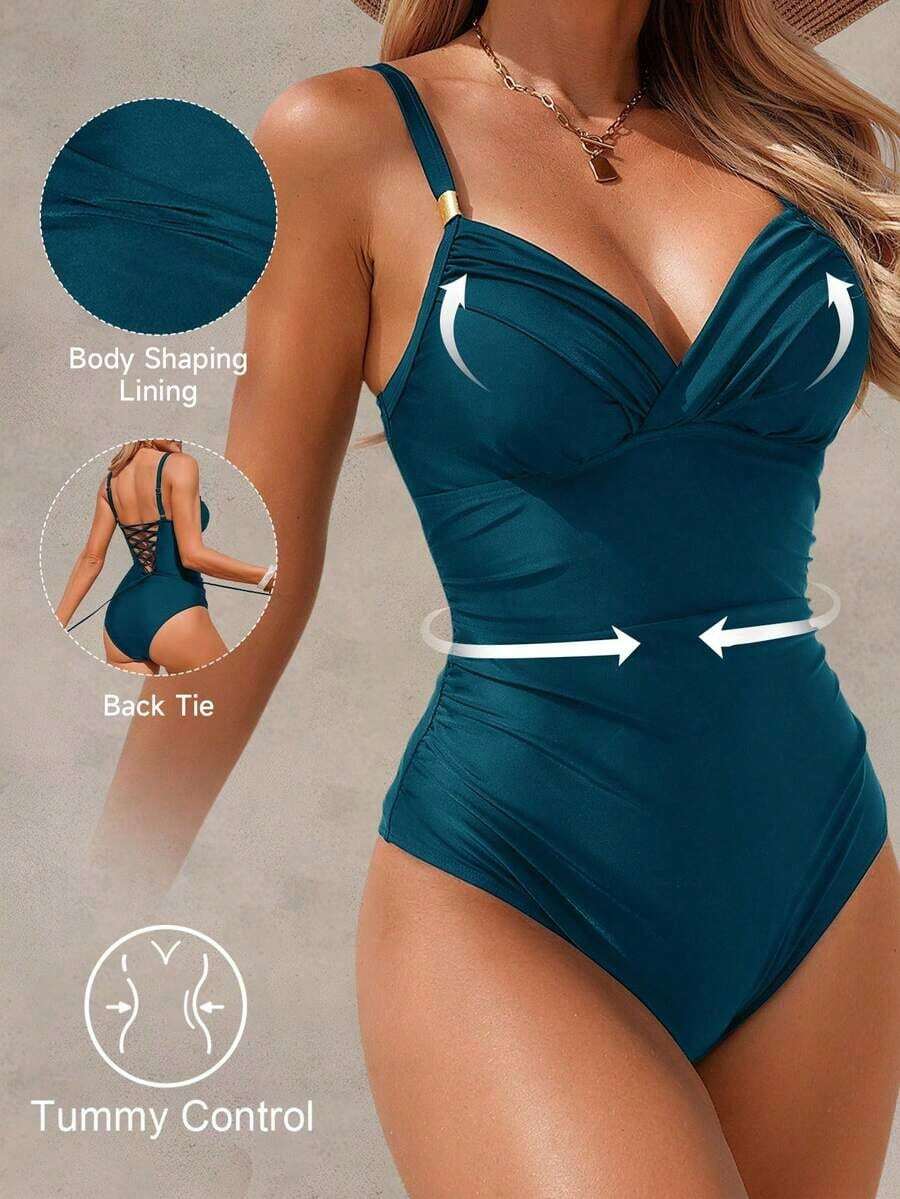 Traje de baño de una pieza con control de abdomen y acolchado, elegante y maduro, para mujer, color negro - Verde - Ver 1