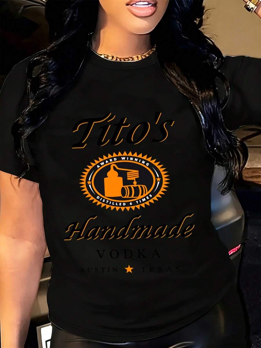T-Shirt Women Casual Loose Fit Crew Tito's Handmade Vodka Logo Print Austin Texas Design For Everyday Wear Party Outing - Black - View 1