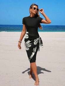 Conjunto de traje de baño burkini de 3 piezas con top de manga corta de unicolor, pantalones 7/8 y minifalda, adecuado para vacaciones de verano - Blanco y Negro - Ver 6