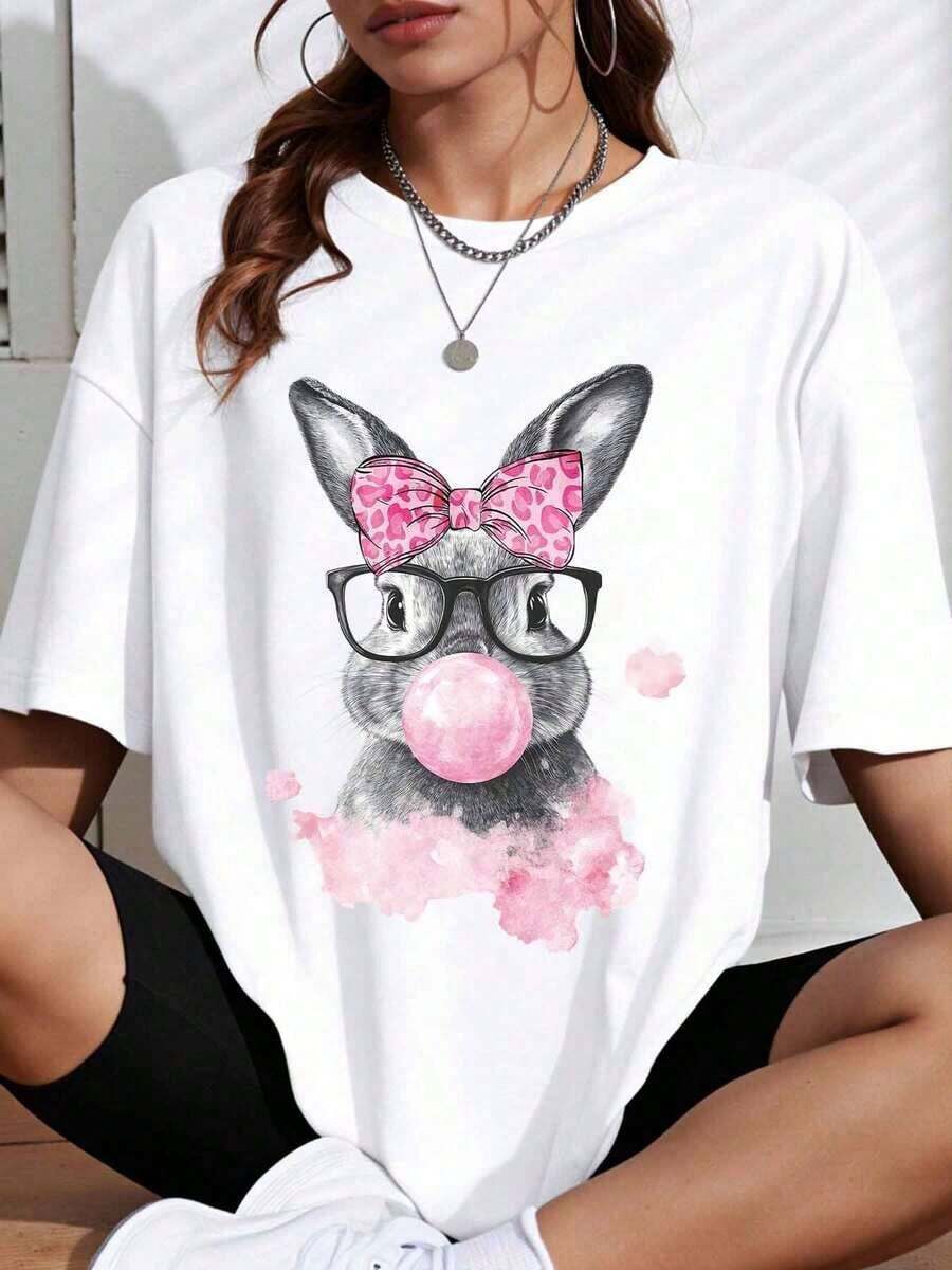 1 Piece Of Adorable Bunny Print T-Shirt, White, Pink, Leopard Print, Bow And Bubblegum Glasses, For Casual And Everyday Style, 180g, 100% Cotton. - 白色 - 查看 1