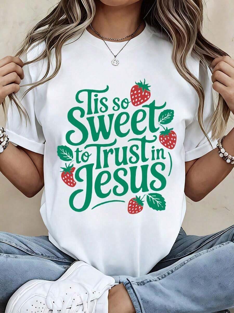 1 Piece Women's Round Neck T-Shirt With Strawberry Print And Text "It's So Sweet To Trust In Jesus", Short Sleeve, Casual Summer Style For Daily Wear, 180g, 100% Cotton. - 白色 - 查看 1
