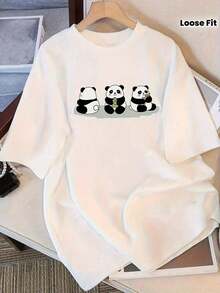 1 Printed T-Shirt - Soft, Loose, Round Neck, Short Sleeve, With Cute Panda Designs, Suitable For Casual Daily Wear, Machine Washable T-Shirts, Fashionable Everyday Clothing, 180g Pure Cotton T-Shirts 100% Cotton. - 白色 - 查看 5