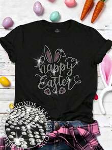 Women's Plus Size Casual Short Sleeve T-Shirt With Round Neck And Heart-Shaped Rhinestones For Valentine's Day - 7 - 查看 1