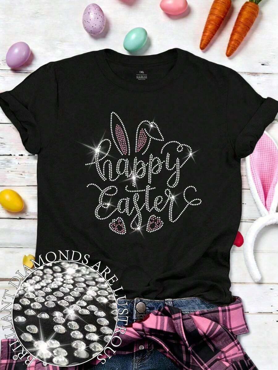 Women's Plus Size Casual Short Sleeve T-Shirt With Round Neck And Heart-Shaped Rhinestones For Valentine's Day - 7 - 查看 1