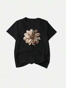 Camiseta de mujer talla grande de verano casual con estampado gráfico de bordado falso - Negro - Ver 3