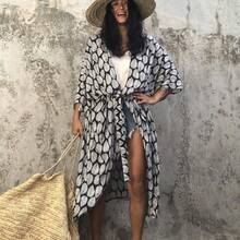 Beach Cover-Up With Leaf Print, Rayon, Vacation Sun Protection Cardigan, Bikini Cover-Up - 1D138-a Black With White - View 3