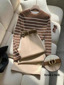 2 piezas Conjunto elegante de camiseta de manga larga a rayas y pantalones con bolsillos y cinturón para mujer - Café integral - Ver 6