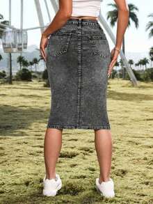 ICON Falda vaquera, falda de mezclilla para mujer, ajuste casual y delgado, falda lápiz de mezclilla, hasta la rodilla, elástica, azul - Negro - Ver 2