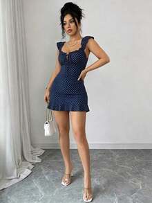 Vestido camisero con volantes en el hombro y bajo con estampado floral vintage, vestido mini entallado de línea A para el verano, vestido camisero floral elegante y sexy al estilo francés con espalda descubierta, vestido ajustado con cintura ceñi - Azul marino - Ver 6