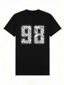 Women's Soft And Casual Short-Sleeved T-Shirt With A Round Neck, Featuring A Crinkled Paper Texture And A Graphic Number Print, Suitable For Everyday Wear. White. - 黑色 - 查看 2