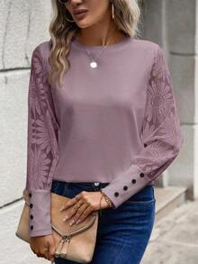 Blusa de mujer con mangas de encaje floral, parches y tejido de gofre, color blanco - Morado - Ver 3
