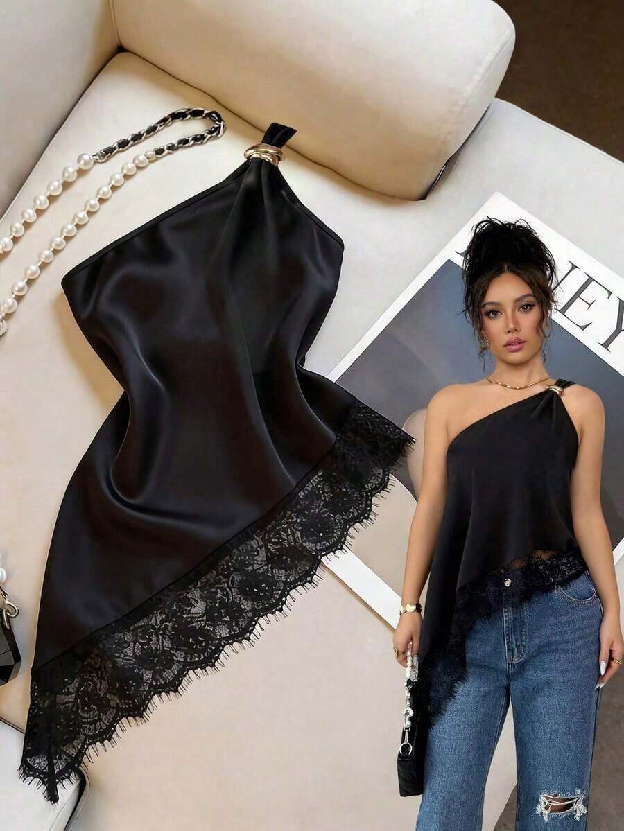 Blusa de mujer nueva para verano, con dobladillo asimétrico y adorno de encaje, blusa negra con hebilla metálica, blusa ajustada con hombros asimétricos y adorno de encaje lujoso, blusa sin mangas sexy, adecuada para fiestas, citas, cócteles, ocasi - Negro - Ver 1