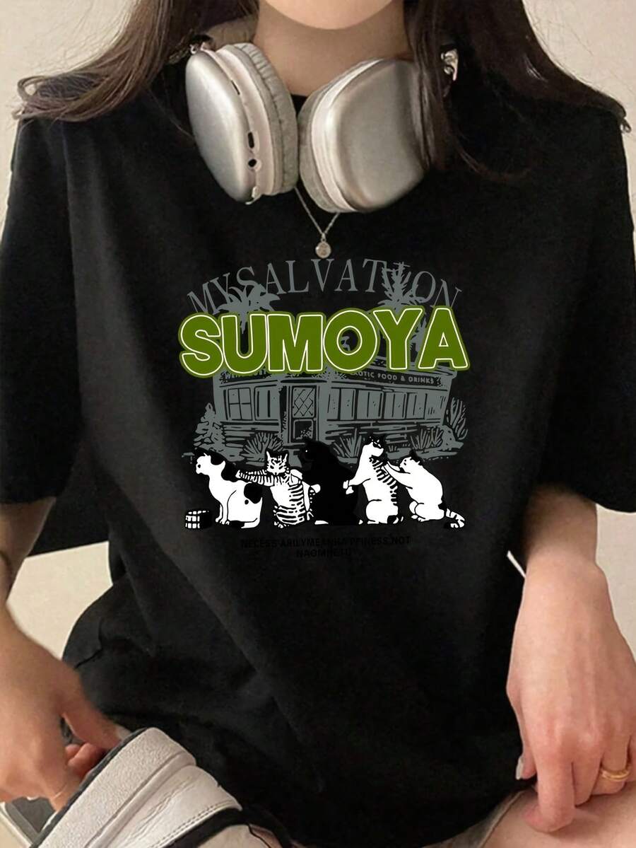 Camiseta de Cuello Redondo con Estampado de Cinco Gatos Lindos, Manga Corta Casual para Mujer Primavera Verano Otoño - Negro - Ver 1