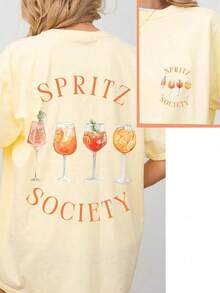 Oversized T-Shirt With Drop Shoulders And Cocktail And Letter Print, Graphic T-Shirts For Women - Style - View 3