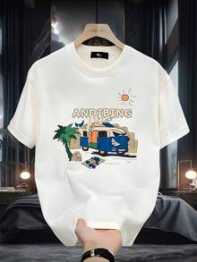 Camisetas Gráficas para Hombre, Camiseta de Manga Corta Estampada de Marca Streetwear, Algodón Puro de 180g de Alto Gramaje para Verano, Top Versátil Estampado de Estilo Coreano e Inspiración Japonesa - Blanco - Ver 1