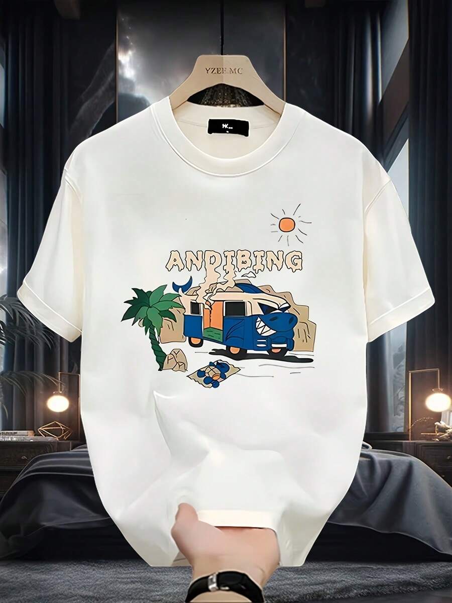 Camisetas Gráficas para Hombre, Camiseta de Manga Corta Estampada de Marca Streetwear, Algodón Puro de 180g de Alto Gramaje para Verano, Top Versátil Estampado de Estilo Coreano e Inspiración Japonesa - Blanco - Ver 1
