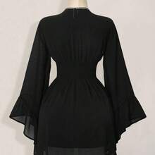 ICON Women's Halloween Goth Black Corset Solid Color V-Neck Waist Cinched Elegant Long Sleeve Mini Dress,Fall/Winter  Bell Sleeve Dress Black Dress With Sleeves,Thanksgiving Outfit For Women - Azul - Ver 3