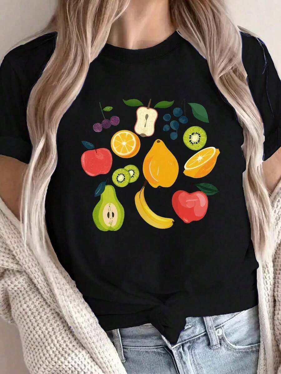 Casual T-Shirt With Fruit Print And Round Neck, Short Sleeve Casual T-Shirt For Spring And Summer, Fashionable Women's Clothing - 黑色 - 查看 1