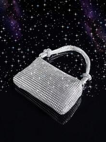 Sparkling Crystal Decorated Small Square Handbag, Elegant Lady Tote Bag For Evening Party, Daily Date, Suitable For Occasions - Silver - View 7
