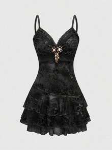 ROMWE Vestido mini con estampado de paisley, volantes, cinta y encaje inspirado en el estilo hippie vintage para mujer - Negro - Ver 1