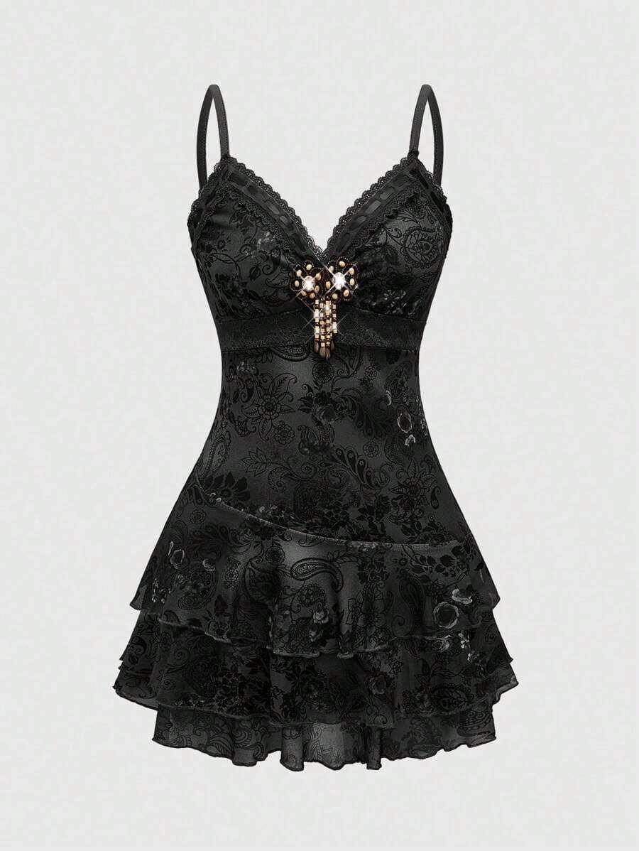 ROMWE Vestido mini con estampado de paisley, volantes, cinta y encaje inspirado en el estilo hippie vintage para mujer - Negro - Ver 1