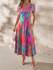 Clasi Vestido de mujer con estampado de teñido anudado a la moda, de verano - Gris Oscuro - Ver 8