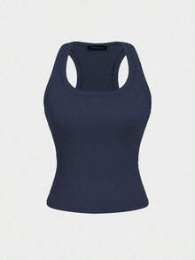 Camiseta sin mangas cuadrada Floreya para mujer, top casual de verano de ajuste ceñido sin mangas para capas, sencillo pero elegante, estilo deportivo, versátil para todas las estaciones en color blanco - azul real - Ver 3