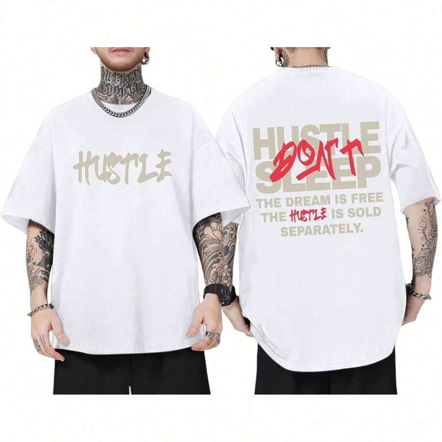 Camiseta de gran tamaño con estampado, ropa de calle para hombre, camiseta vintage con letras, camiseta de algodón inspiradora y positiva QWUE - Blanco - Ver 1