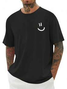 Camiseta Gráfica de Manga Corta para Hombre, Camisetas Divertidas con Cuello Redondo y Sonrisa, Corte Holgado, Camisetas de Verano TMEE - Negro - Ver 11