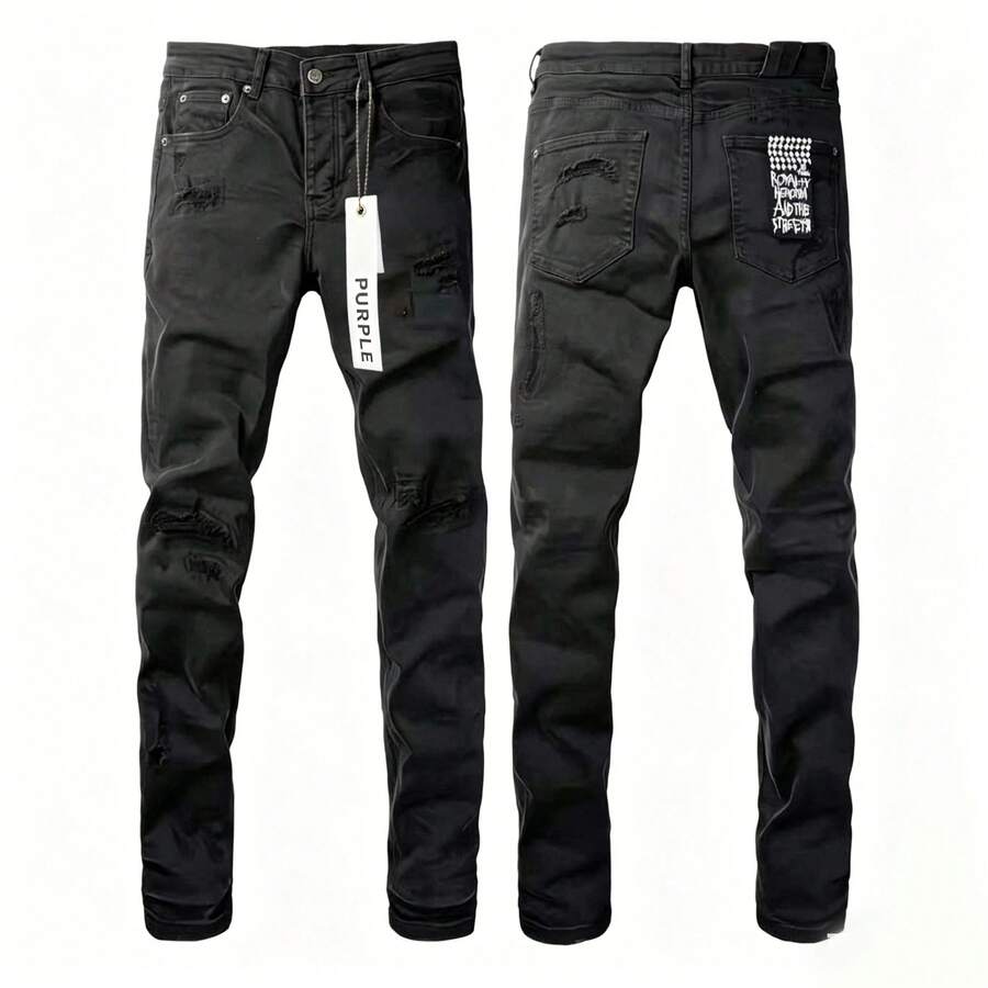 New Men Purple Jeans Stretch Denim Pants KUSjeans Ripped Unique Wash Embroidered American Streetwear Fashion - Black - View 1