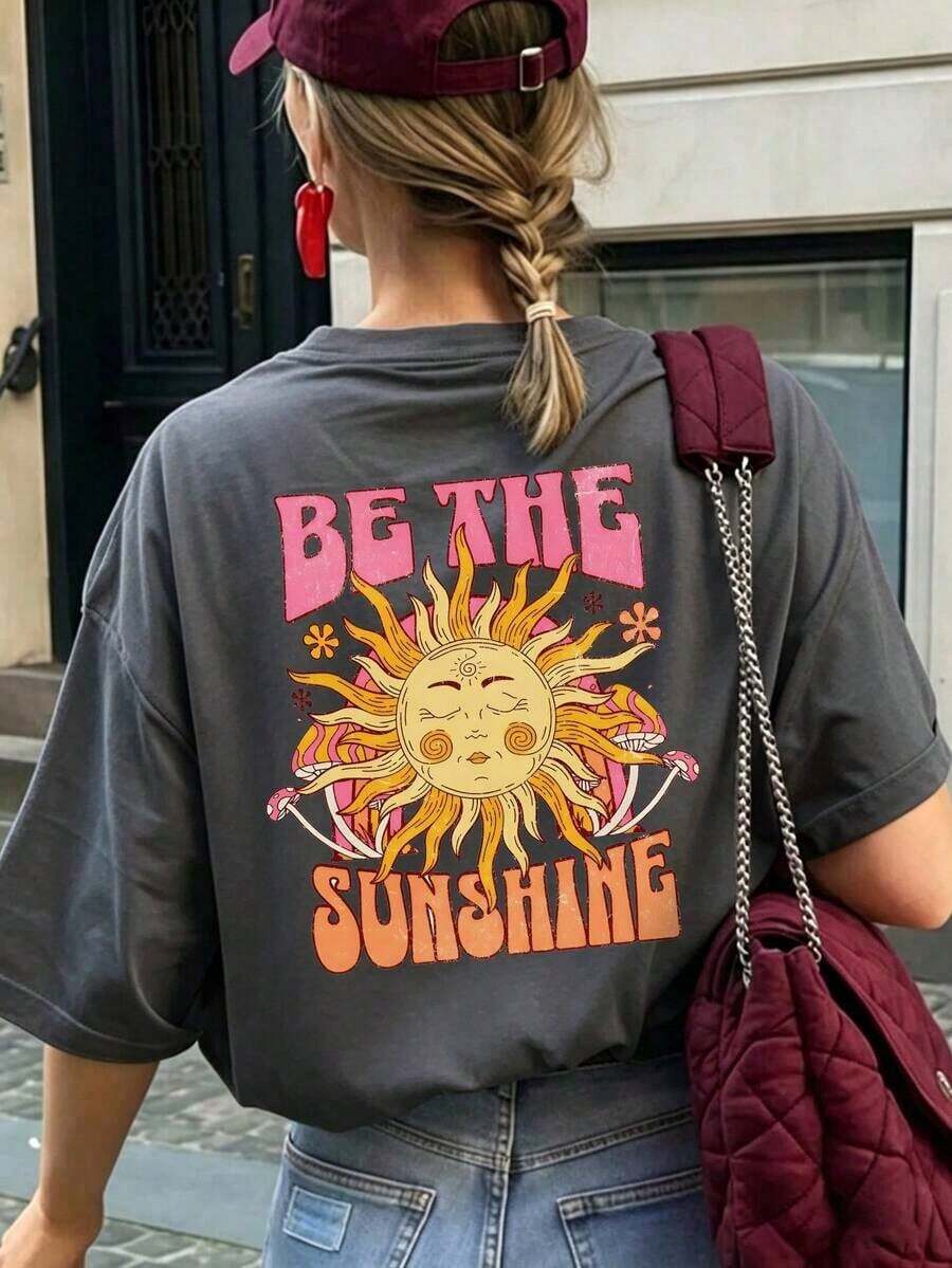 Women's Short-Sleeved T-Shirt, Vintage Style With Letter And Graffiti Print, Comfortable, Breathable, Loose And American Hippie Style, Suitable For The Cherry Blossom Season In Spring, Outdoor Music Festivals, City Walks, Park Visits And Light Summer Vacation. - 深灰色 - 查看 1
