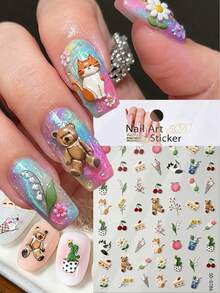 Bộ sticker dán móng tay 5D Y2K Kawaii hình mèo, gấu, anh đào và hoa, họa tiết động vật/trái cây dập nổi, tự dính, thích hợp cho mùa xuân hè. - Nhiều màu - Xem 10