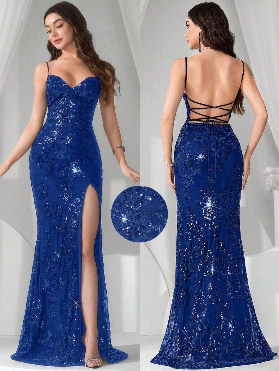 Vestido de noche con abertura alta en el muslo, con lentejuelas y diseño de patchwork, con espalda descubierta y silueta de sirena para mujer - azul real - Ver 1