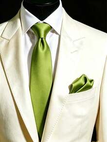 1 Set de corbata y pañuelo de bolsillo de unicolor, corbata hecha a mano de 8 cm y set de pañuelo, adecuado para bodas, banquetes, fiestas - Verde Lima - Ver 1