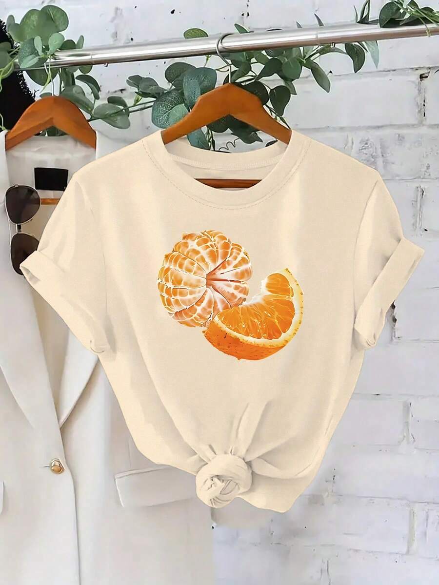 Camiseta de manga corta para mujer con estampado de rodajas de naranja y pulpa, estilo casual y moderno, ropa elegante para mujer - Camiseta unisex de algodón holgada de manga corta con cuello redondo, estilo vintage urbano, blusas para mujer. blusas.blusas casuales para dama. - Albaricoque - Ver 1