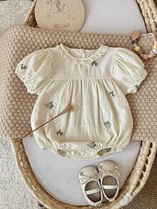 Newborn Baby Girl Floral Embroidered Apricot Cotton Short Sleeve Romper Summer - Apricot - View 16